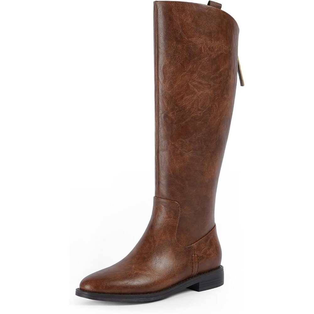 Women's A-retro Brown Rounded Toe Flat Low Chunky Zip Heel Knee High Boots